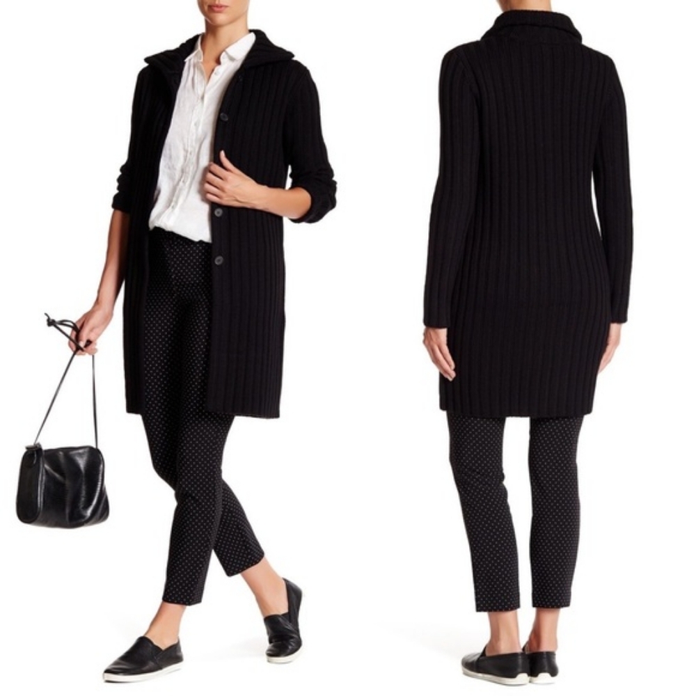 Theory Wool Long Ribbed Knit Cardigan Sweater Black Medium